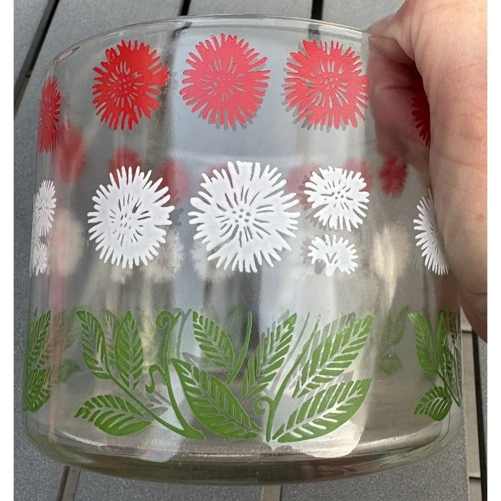 Vintage barware cocktail Hazel Atlas ice bucket bowl red white green flowers EVC